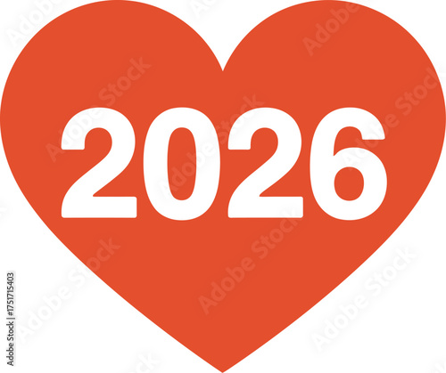 Heart with the year 2026 isolated on white background, representing a future date or event