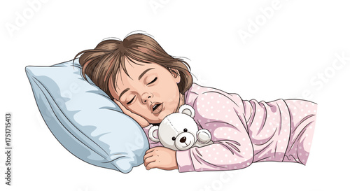 Illustration of a small child peacefully sleeping with a fluffy teddy bear, embodying restful tranquility and sweet dreams