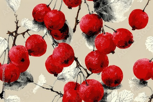 Scandinavian Redcurrant illustration minimalist line art with negative space cherry red and cream tones modern kitchen decor seamless pattern background