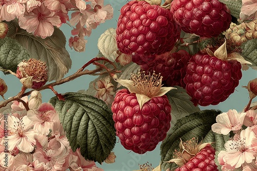 Whimsical raspberry and floral decorative border vintage illustration style muted pastel tones delicate and charming aesthetic seamless pattern background