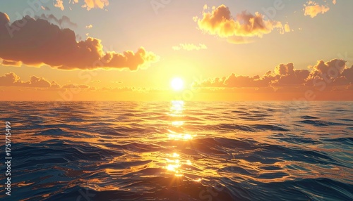 Fototapeta Naklejka Na Ścianę i Meble -  Orange Sunset Over Water with Clouds in Blue Sky Pixelated Style