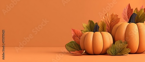 Group of vibrant pumpkins with colorful autumn leaves arranged on a flat surface against a warm background for fall harvest and seasonal decor