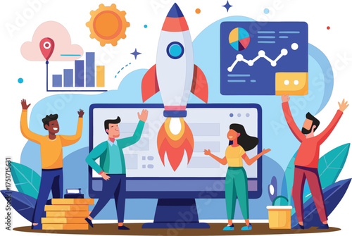 Team celebrating successful business startup with rocket launch and growth charts
