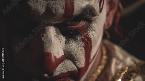Close-up of a sinister clown with painted face makeup and intense expression, dark background, artistic horror-themed portrait