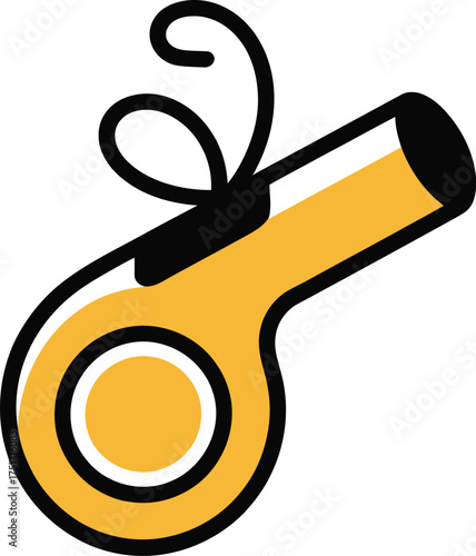 A yellow sports whistle with a black strap is shown against a white background.