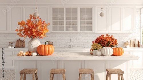 Bright autumn autumnal kitchen decorating with pumpkins and vibrant orange and yellow fall foliage in a modern white kitchen design
