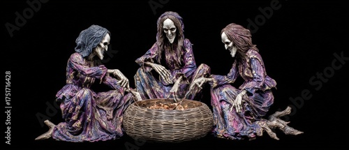 Detailed figurine sculpture of three seated women wea colorful patterned dresses with braided hair around a round basket on black background