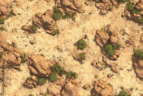 Top-down Seamless desert terrain map sandy dunes with scattered rocks and cacti warm earthy tones tiling texture for game design or tabletop RPG