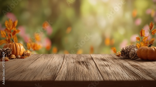 Rustic wooden table with fall harvest decorations featu pumpkins pinecones and orange flowers in bright autumn outdoor setting