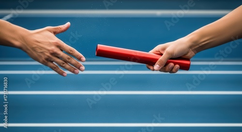 Athletic relay race baton handoff on track