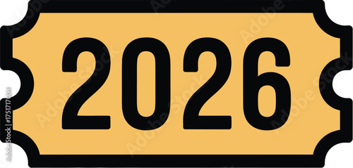 A ticket stub with the year 2026 printed in black on a yellow background