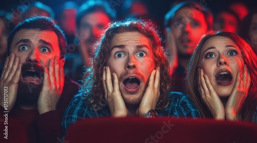 Thrilled ence members watching live concert or theater show with expressions of surprise shock and excitement in a crowded setting