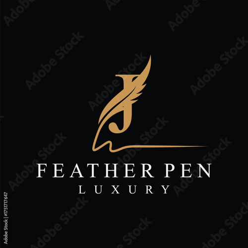 Initial letter j feather pen logo design, serif font graphic icon vector, golden color symbol concept