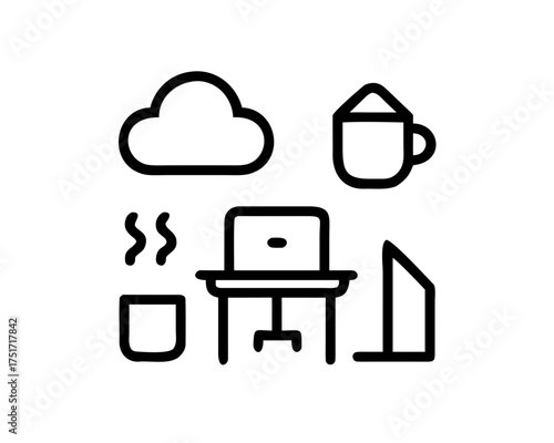Remote work setup with desk, laptop, cloud, coffee, and building