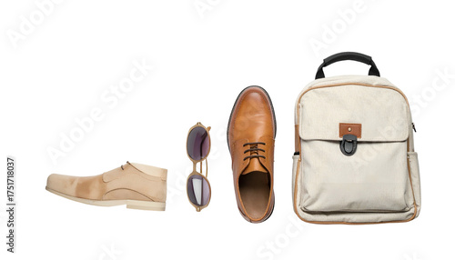 Flat lay of shoe, sunglasses, leather dress shoe, and backpack