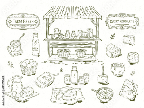 Line art illustration of farm products including milk, butter, cheese, yogurt, cream, and eggs with a farmers market stall, showcasing fresh farm goods