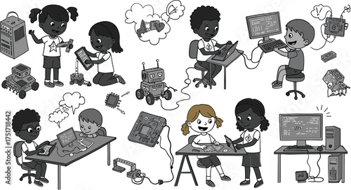 Diverse children learning coding and robotics with computers and robots kids