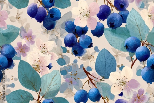 Whimsical blueberry and floral decorative border hand-drawn charm vintage storybook illustration dreamy pastel color palette seamless pattern background