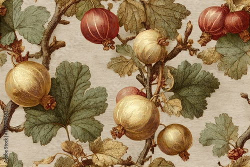Victorian-inspired gooseberry botanical print intricate detailing on tea-stained paper muted sage and amber tones vintage scientific illustration seamless pattern background