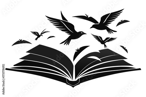 Birds flying from an open book in black and white