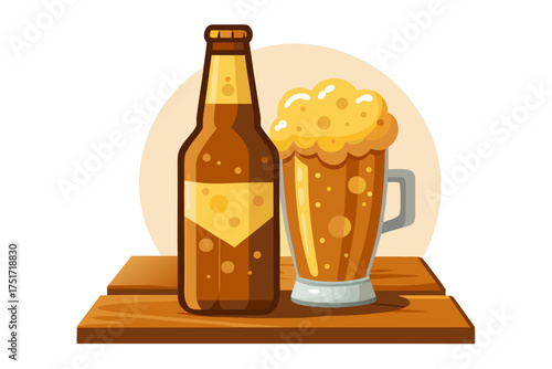 Illustration of a beer bottle and a mug of beer