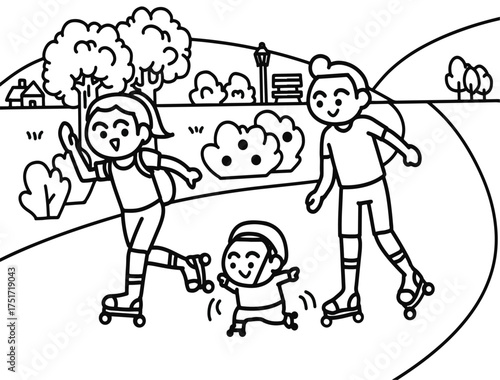 A family is rollerblading together.