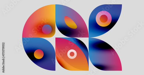 Abstract colorful shapes overlap, creating dynamic composition. Gradient hues blend, forming modern visual design.