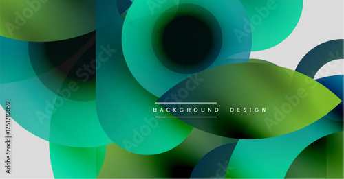 Abstract fluid shapes, vibrant greens, blues create modern background. Overlapping circles, gradients offer dynamic visual effect.