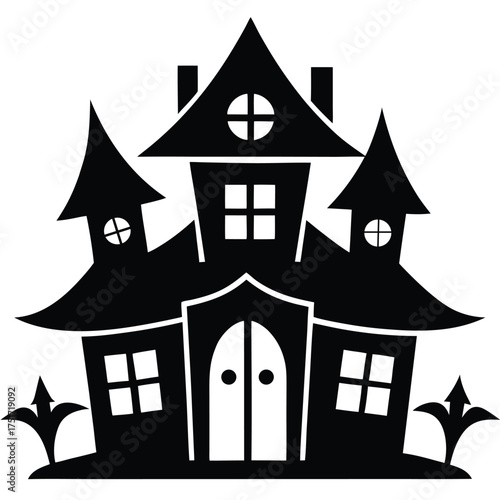 A cartoon vector illustration of an old medieval castle on a hill, featuring house windows and a roof under a Halloween moon
