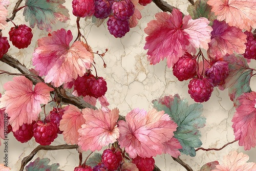 Elegant raspberry vine pattern with intricate leaves and berries watercolor texture soft pinks and greens romantic botanical design seamless pattern background