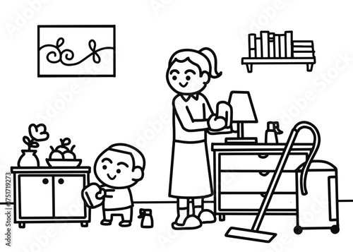 The boy helps his mother clean the house.