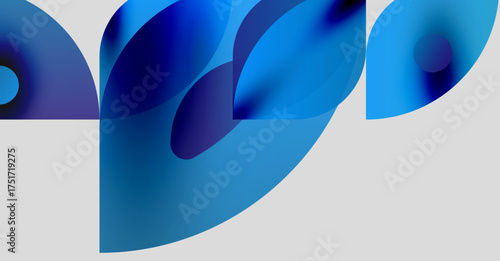 Abstract shapes overlap, creating fluid blue gradients. Minimalist design with cool tones dominates composition. Modern aesthetic.