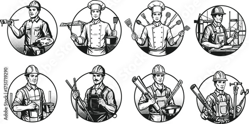 Eight circular emblems featuring men in various professions holding tools painter artist