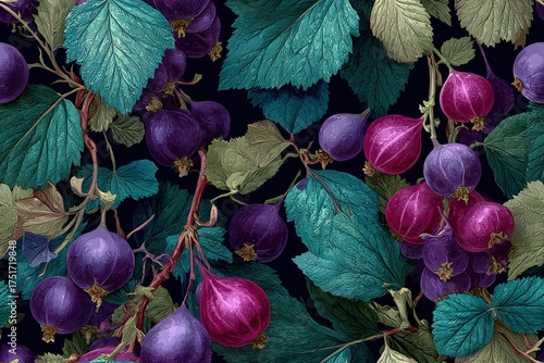 Lush Blackcurrant vine pattern with glossy berries and serrated leaves deep purples and emerald greens jewel-toned botanical elegance seamless pattern background