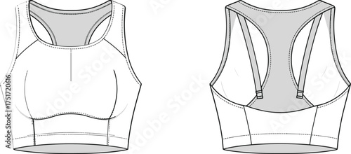 Front and back flat sketch of a white sports bra with gray lining and black stitching athletic wear