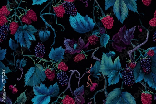 Ornate blackberry vine pattern with thorny stems and lush berries moody jewel tones gothic botanical illustration style seamless pattern background