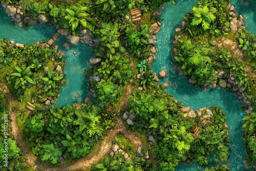 Top-down Seamless jungle terrain map dense tropical foliage winding rivers and hidden ruins vibrant greens top-down perspective for strategy games