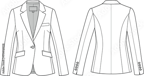 Front and back view flat sketch of a white women's blazer with button detail jacket women's clothing