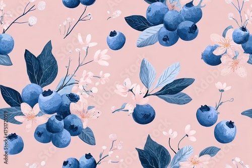 Whimsical blueberry and floral decorative border hand-drawn charm vintage storybook illustration dreamy pastel color palette seamless pattern background