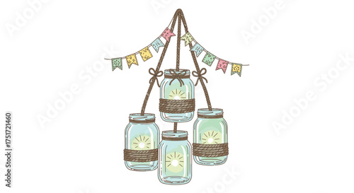 Vector art of mason jar lanterns with string lights and bunting, a hand drawn illustration of rustic wedding decor