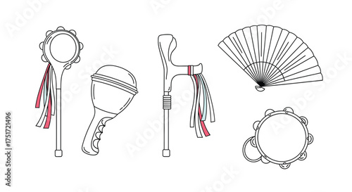 Vector art of set of traditional indigenous musical instruments and dance props, including tambourine, maraca, walking stick, and fan