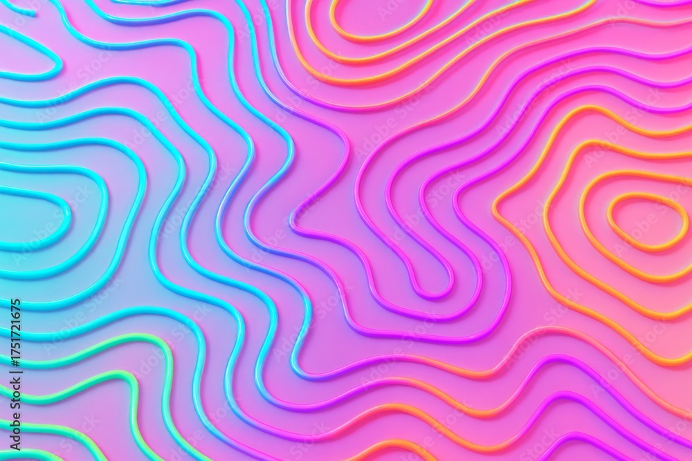 Fototapeta premium Neon contour lines on pastel gradient background with abstract flowing shapes and vibrant light effects in a modern artistic composition. Ai generative