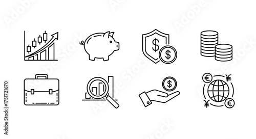 Hand drawn finance icons representing growth investment savings money and global business concepts vector