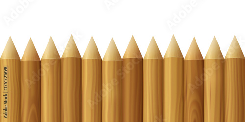 Sharp log fence seamless border. Wooden stockade with brown stakes isolated on white background. Garden paling with pointed wood logs, vector illustration