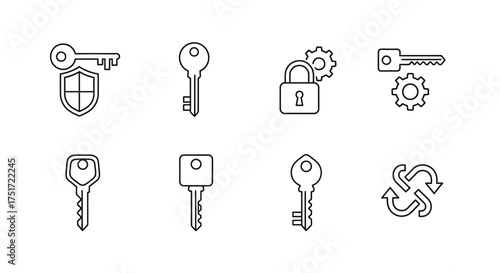 Secure access symbols collection featuring keys shields locks and gears for digital security concepts vector