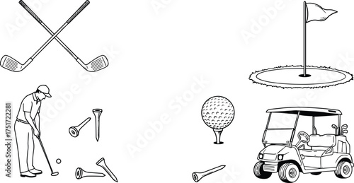 Golfing elements golfer golf clubs ball tees flag and golf cart illustration golf ball golf tee