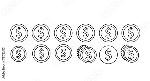 Hand-drawn dollar coins stacked and scattered showcasing financial growth and wealth accumulation vector