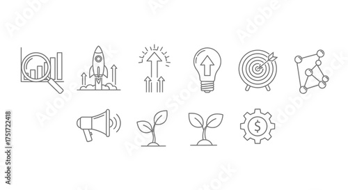 Hand drawn business icons representing growth strategy innovation ideas and success vector