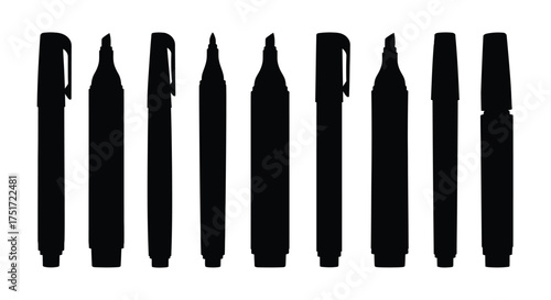 Collection of black markers lined up isolated studio shot for art and design projects vector