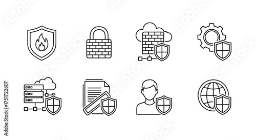 Cyber security and data protection icons set with shield lock cloud server person and globe vector